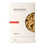 Eine weiße Schachtel Felicetti Rigatoni di Kamut®-Khorasan Bio, 500 g, mit einem Sichtfenster, das den Inhalt der Pasta zeigt.