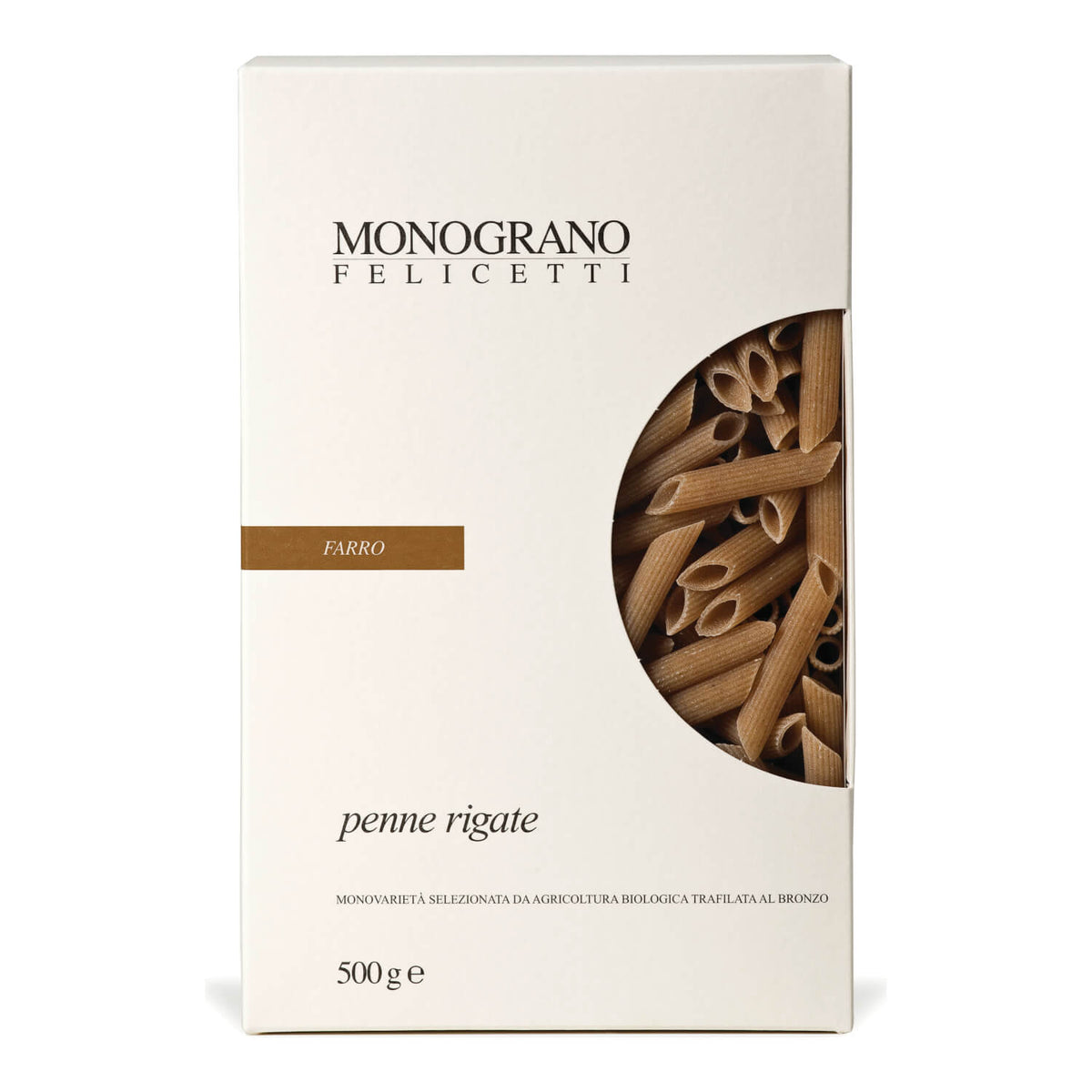 Eine 500g-Packung Felicetti Penne Rigate di Farro aus Emmer Bio Triticum Dicoccum mit einem Sichtfenster, das die Nudeln im Inneren zeigt.