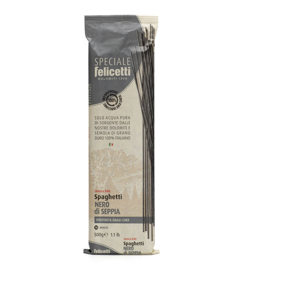 Eine 500g Packung Felicetti Spaghetti - Nero di Seppia aus Hartweizen mit Sepiatinte von Felicetti.