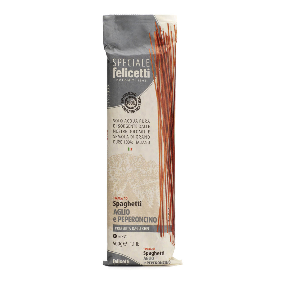 Eine 500g-Packung Felicetti Spaghetti - Aglio e Peperoncino aus Hartweizen mit Peperoncino, in italienischer Sprache beschriftet, von Felicetti.