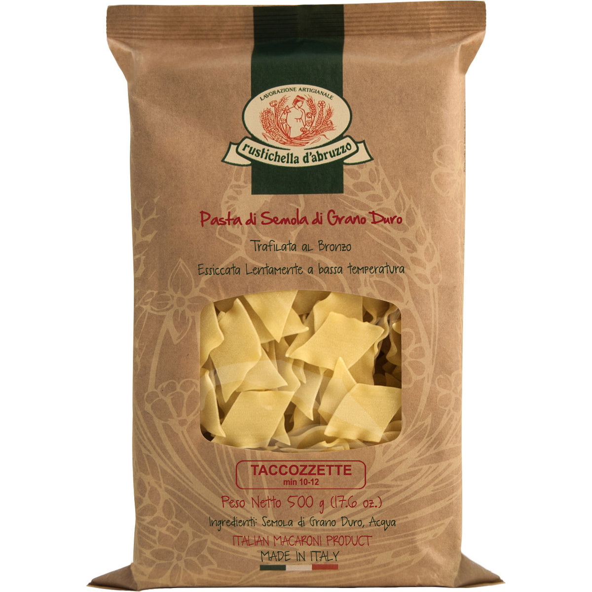 Eine braune Tüte Rustichella d'Abruzzo S.p.A. Taccozzette Hartweizennudeln, 500 g, mit einem durchsichtigen Fenster, in dem die Nudeln zu sehen sind.