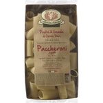 Eine 500-g-Packung Paccheroni Rigati Hartweizennudeln von Rustichella d'Abruzzo S.p.A., hergestellt aus Hartweizengrieß.