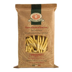 Eine braune Packung Strozzapreti Hartweizennudeln von Rustichella, 250 g, von Rustichella d'Abruzzo S.p.A., mit einem durchsichtigen Fenster, in dem die Nudeln zu sehen sind.