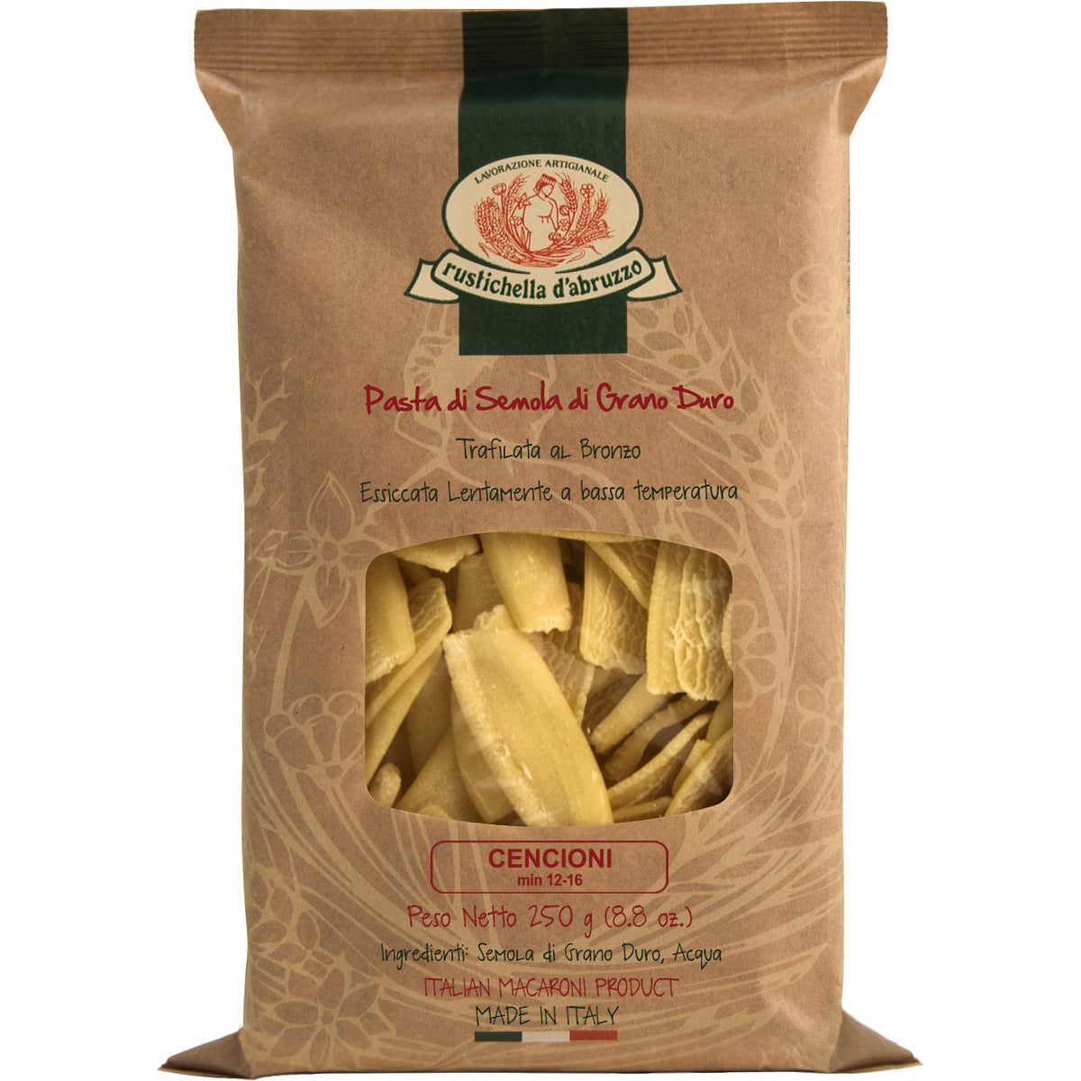 Eine braune Tüte Cencioni Hartweizennudeln von Rustichella, 250 g, von Rustichella d'Abruzzo S.p.A. mit italienischem Text und einem Sichtfenster, in dem die Nudeln angezeigt werden.