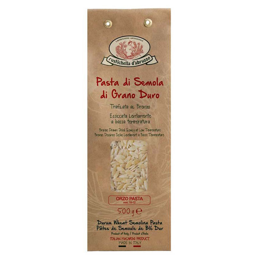 Eine 500-g-Packung Orzo Pasta Hartweizennudeln von Rustichella by Rustichella d'Abruzzo S.p.A., auf der das Etikett und die Pasta durch ein durchsichtiges Fenster zu sehen sind.