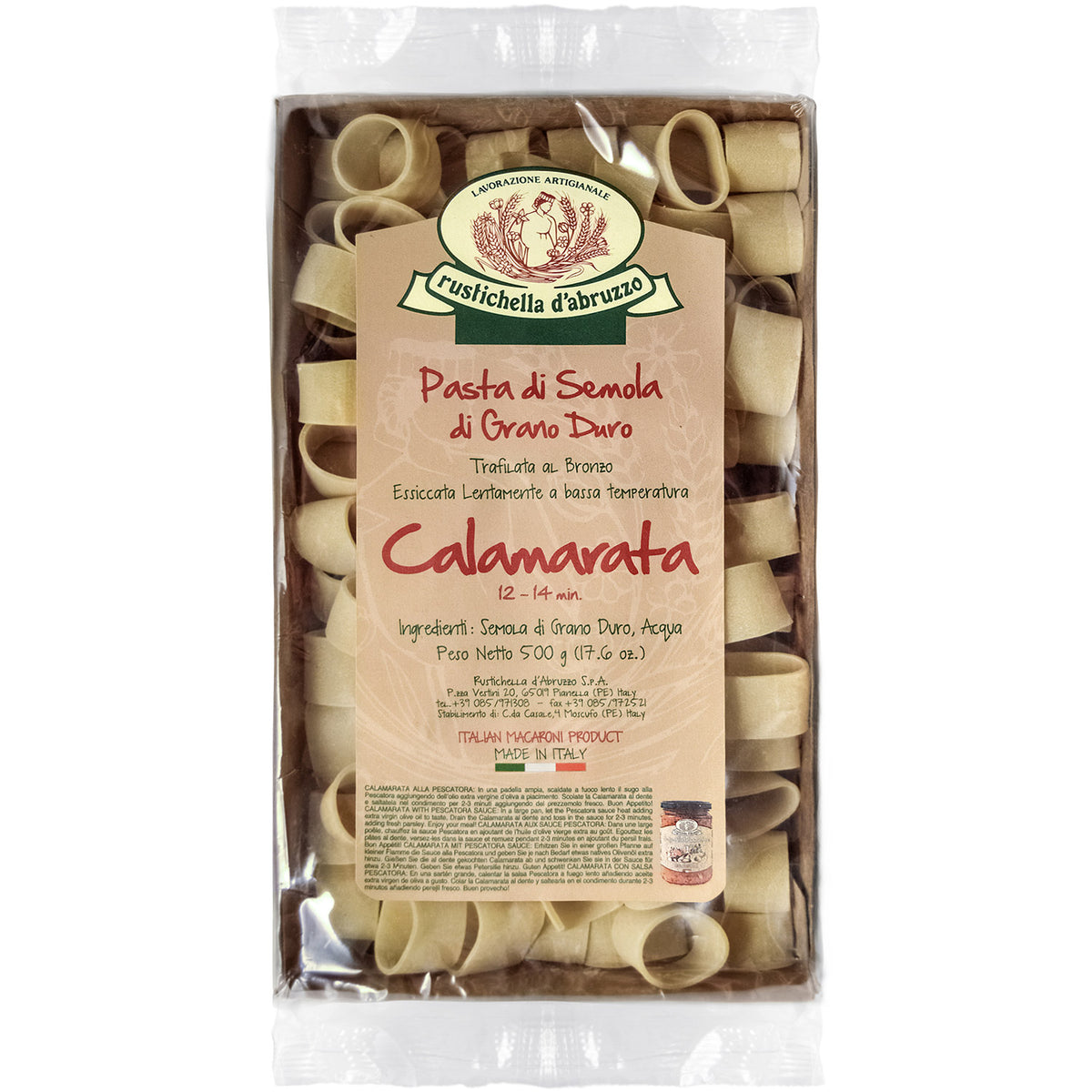 Eine 500-g-Packung Calamarata Hartweizennudeln von Rustichella by Rustichella d'Abruzzo S.p.A., mit einem Etikett mit Zutaten und Kochzeit.