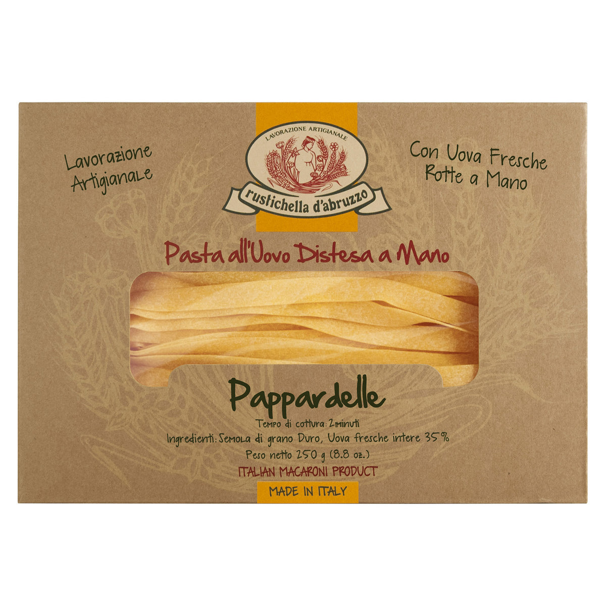 Eine 250-g-Packung Rustichella d'Abruzzo S.p.A. Pappardelle alluovo handgemachte Eiernudeln, sichtbar durch ein Fenster, mit der Aufschrift Made in Italy.