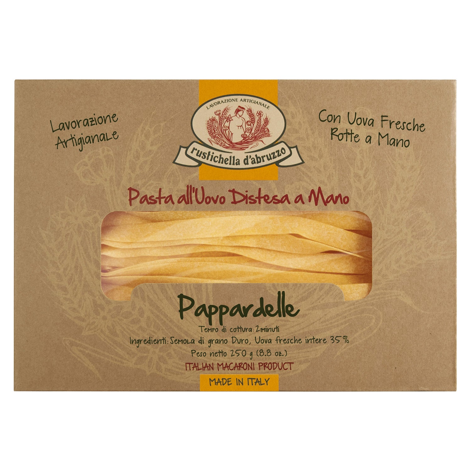 Eine 250-g-Packung Rustichella d'Abruzzo S.p.A. Pappardelle alluovo handgemachte Eiernudeln, sichtbar durch ein Fenster, mit der Aufschrift Made in Italy.