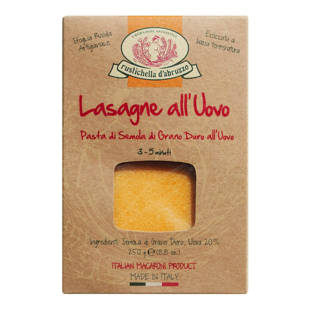 Schachtel Lasagne all'uovo Eiernudeln von Rustichella, 250 g von Rustichella d'Abruzzo S.p.A., mit einem Sichtfenster, auf dem die Teigblätter zu sehen sind.