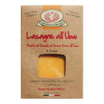 Schachtel Lasagne all'uovo Eiernudeln von Rustichella, 250 g von Rustichella d'Abruzzo S.p.A., mit einem Sichtfenster, auf dem die Teigblätter zu sehen sind.