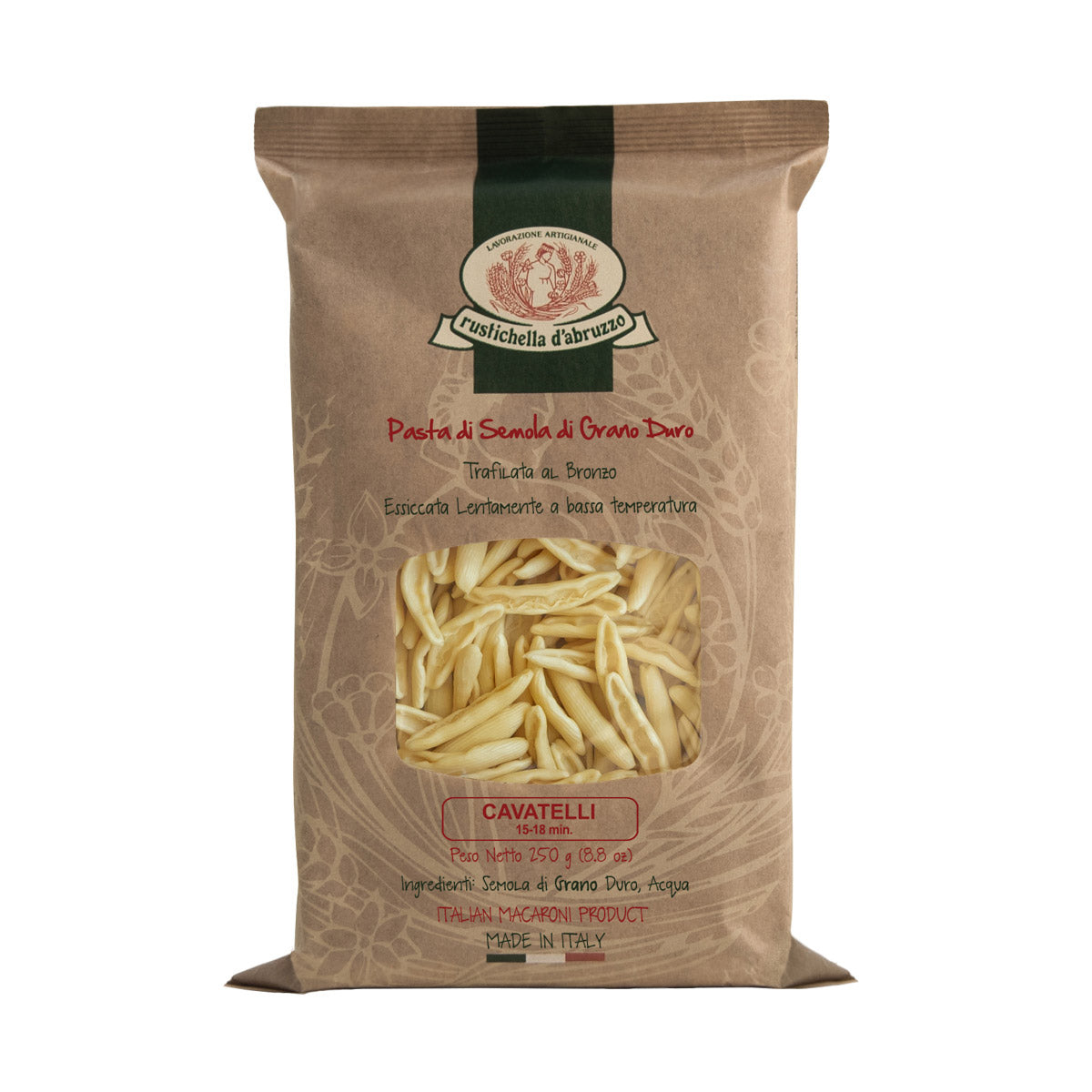 Eine braune Tüte Cavatelli Hartweizennudeln von Rustichella, 250 g von Rustichella d'Abruzzo S.p.A., mit einem durchsichtigen Fenster, das den Blick auf das Innere der Pasta freigibt.