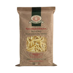 Eine braune Tüte Cavatelli Hartweizennudeln von Rustichella, 250 g von Rustichella d'Abruzzo S.p.A., mit einem durchsichtigen Fenster, das den Blick auf das Innere der Pasta freigibt.