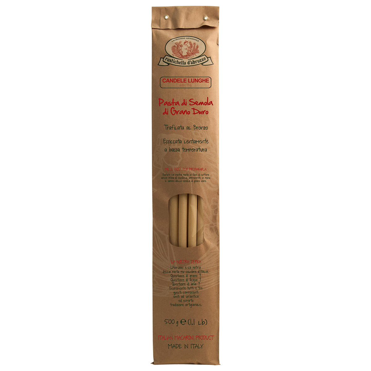 Eine braune Verpackung von Rustichella d'Abruzzo Candele Lunghe Hartweizennudeln (ca. 50 cm lange Röhrennudeln), 500 g, weist ein kleines Fenster auf, in dem die langen Nudeln zu sehen sind.