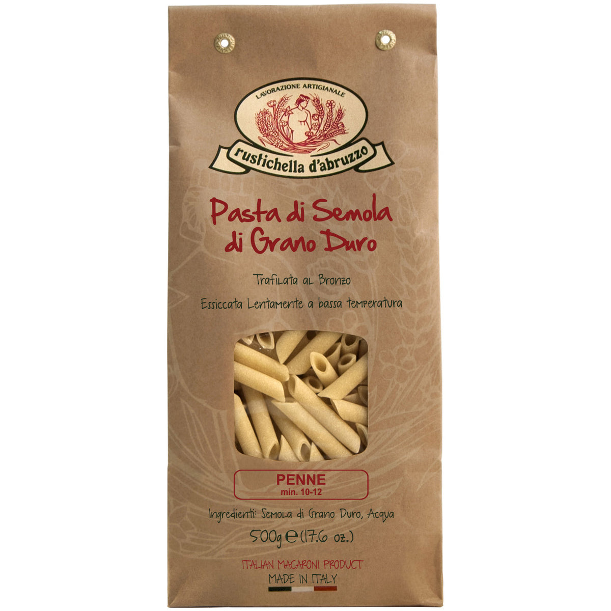 Eine braune Papiertüte mit Penne Lisce Hartweizennudeln von Rustichella, 500 g von Rustichella d'Abruzzo S.p.A., mit Nudeln, die durch ein durchsichtiges Fenster sichtbar sind.