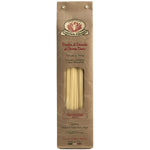Eine braune Packung Fettuccine Hartweizennudeln von Rustichella, 500 g, von Rustichella d'Abruzzo S.p.A., mit durch ein Fenster sichtbaren Nudeln.