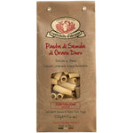 Eine braune Papierverpackung mit Tortiglioni Hartweizennudeln von Rustichella, 500 g, von Rustichella d'Abruzzo S.p.A., mit Nudeln, die durch ein durchsichtiges Fenster sichtbar sind.