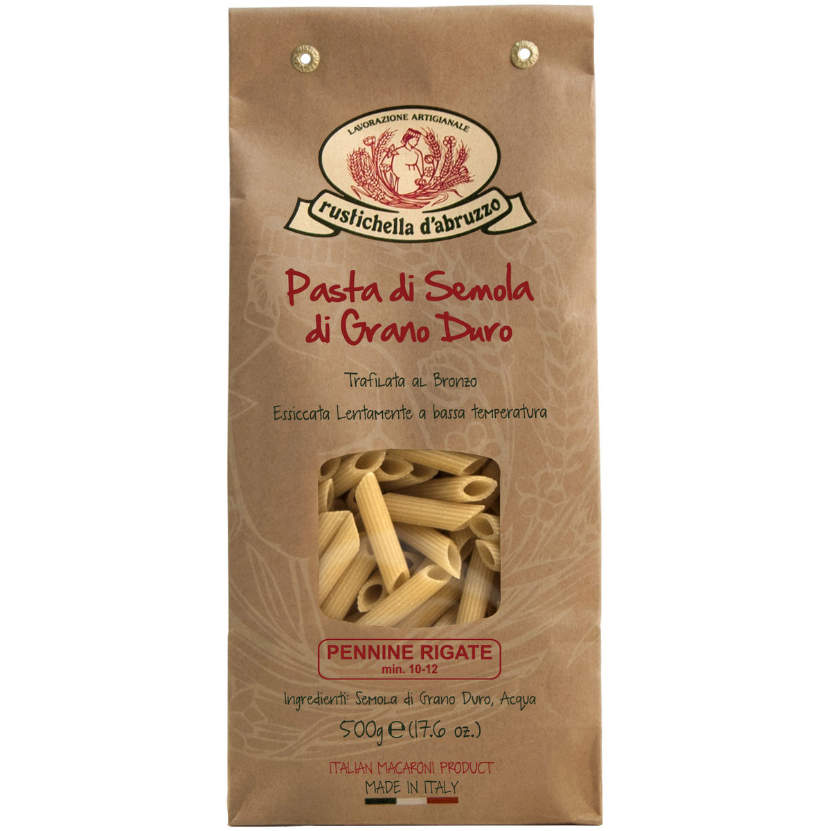 Braune Papierverpackung der Hartweizennudeln von Rustichella, 500 g, von Rustichella d'Abruzzo S.p.A., mit einem Sichtfenster, auf dem die Nudeln zu sehen sind.