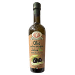 Eine 500-ml-Flasche Bio Natives Olivenöl Extra von Rustichella by Rustichella d'Abruzzo S.p.A., mit einem braunen Etikett mit Olivenmotiven auf der Vorderseite.