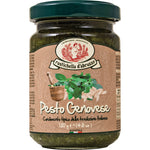 Ein 130-g-Glas Pesto Genovese von Rustichella d'Abruzzo S.p.A. mit braunem Etikett und leuchtend grünem Pesto.