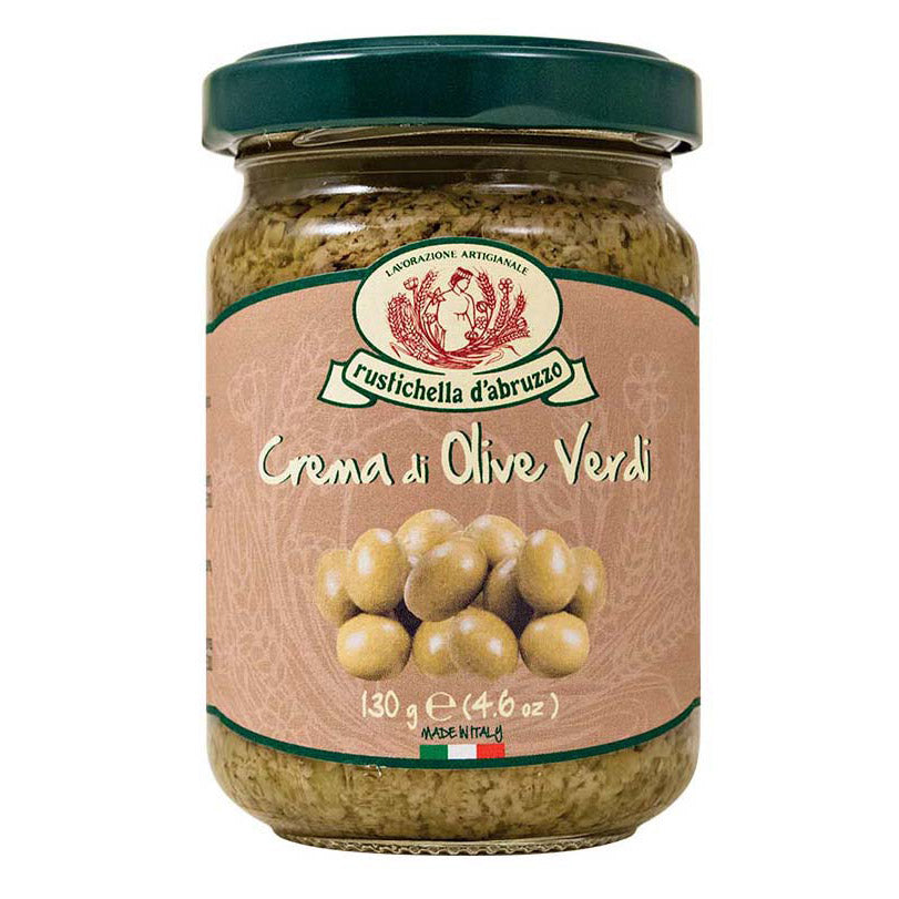 Ein 130-g-Glas Crema di Olive verdi von Rustichella by Rustichella d'Abruzzo S.p.A., ein grüner Olivenaufstrich.