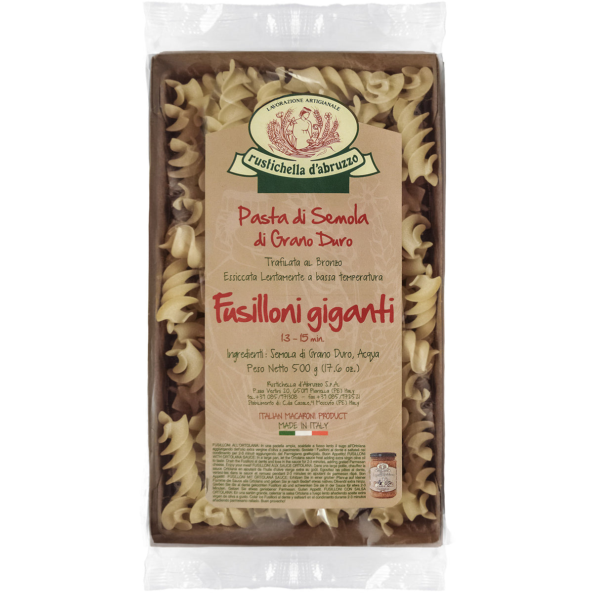 500-g-Packung Fusilloni Giganti Hartweizennudeln von Rustichella d'Abruzzo S.p.A., mit spiralförmigen Nudeln sichtbar im Inneren.