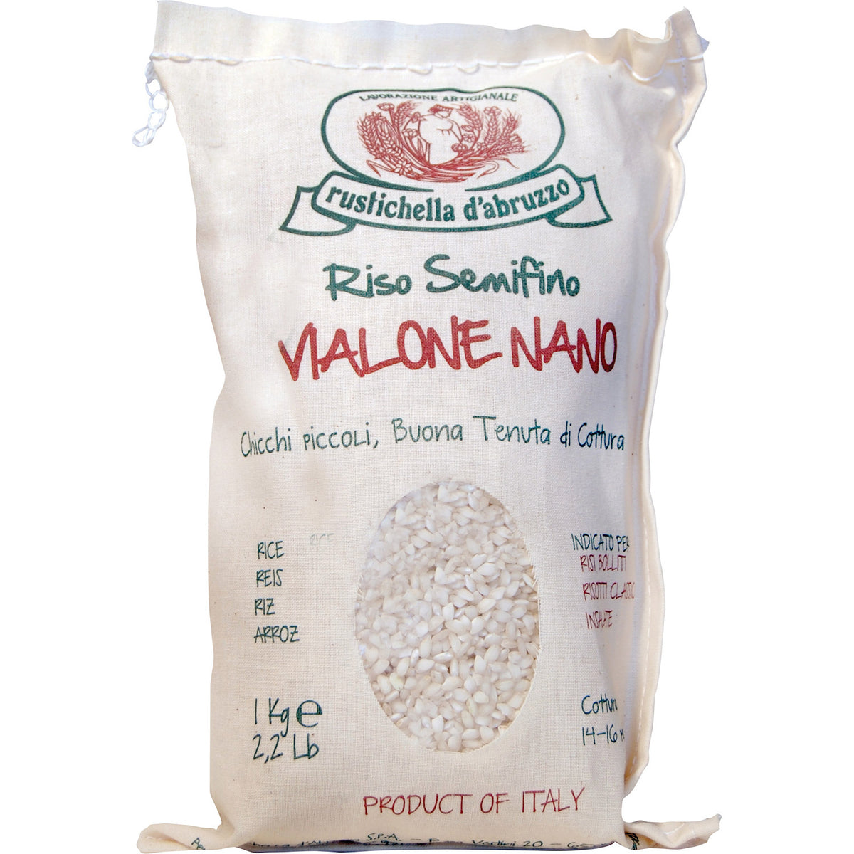 Ein 1 kg-Sack Vialone nano Reis aus Italien von Rustichella by Rustichella d'Abruzzo S.p.A., mit Reis, der durch ein durchsichtiges Fenster sichtbar ist.