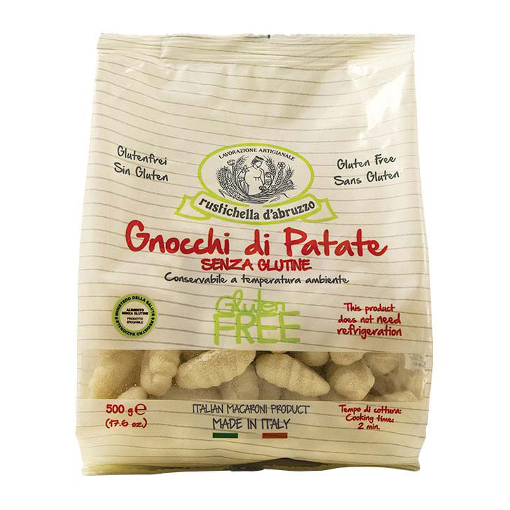 Eine 500-g-Packung glutenfreier Gnocchi di Patate von Rustichella d'Abruzzo S.p.A., hergestellt in Italien.
