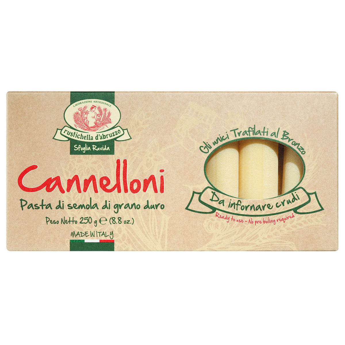 Eine Schachtel Cannelloni Hartweizennudeln von Rustichella, 250 g von Rustichella d'Abruzzo S.p.A., mit Produktinformationen und durch ein Fenster sichtbaren Nudeltuben.