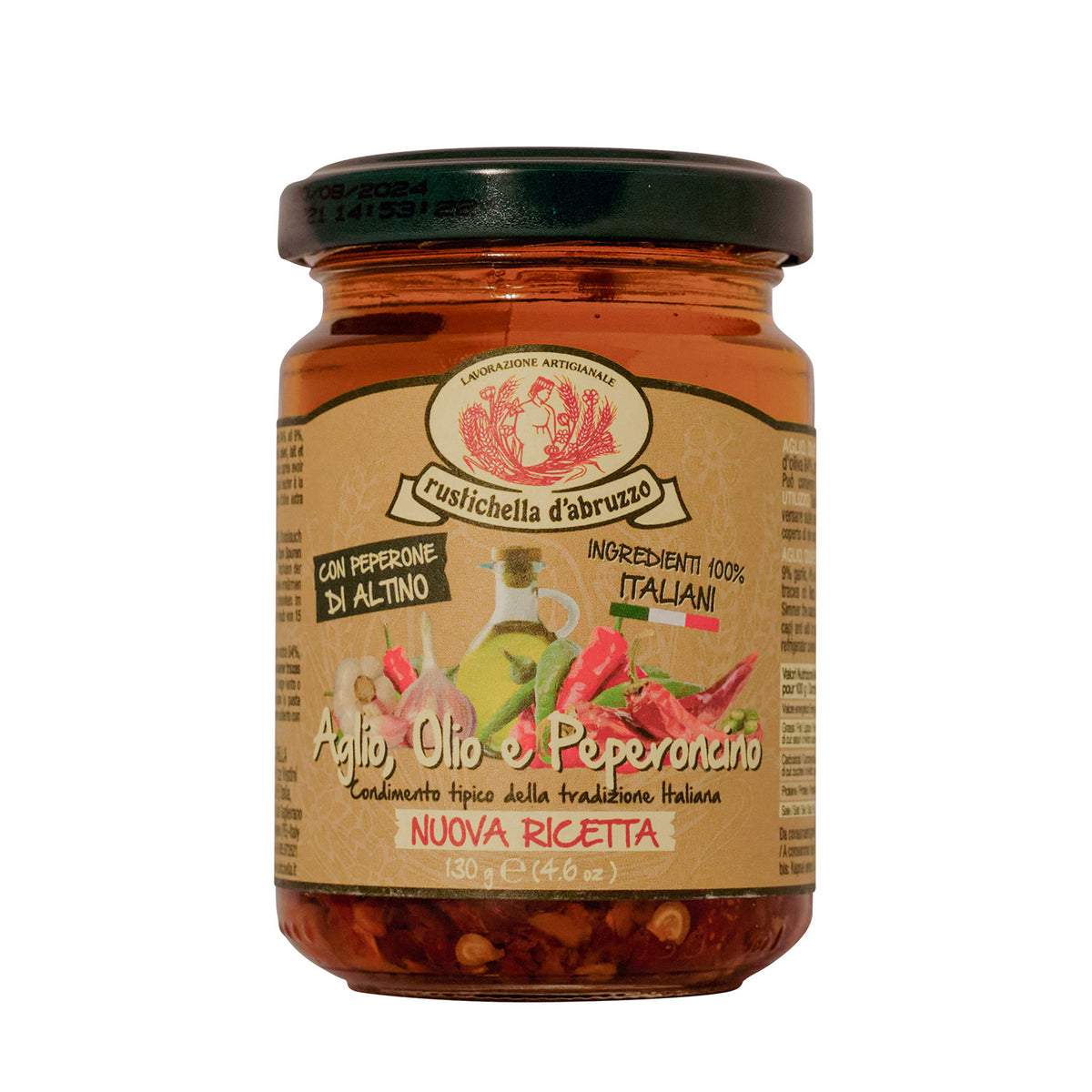 Ein 130-g-Glas Rustichella d'Abruzzo S.p.A. Aglio olio e peperoncino Italienisches Gewürz mit Paprika und Öl.