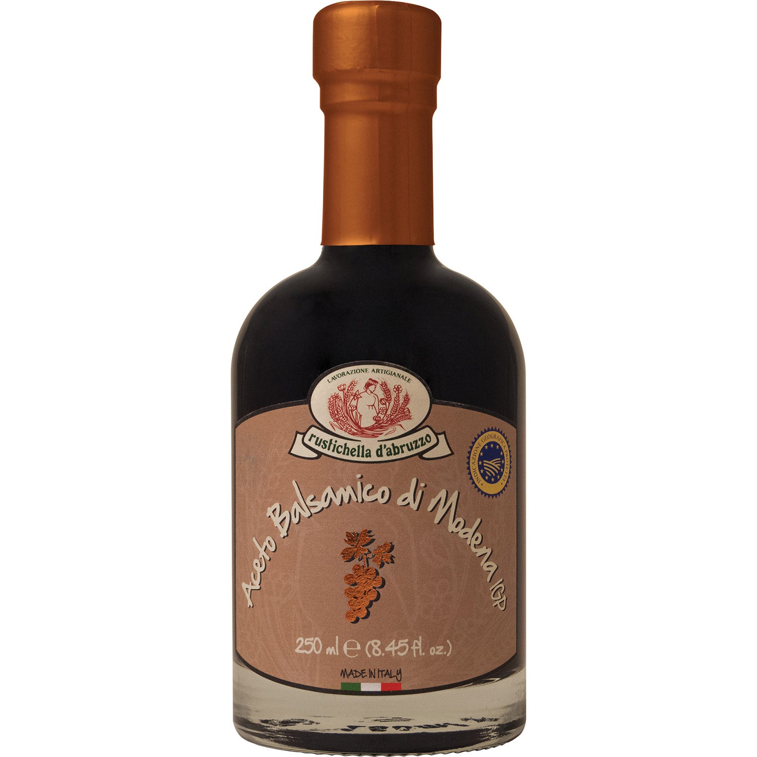 Eine 250 ml Flasche Rustichella d'Abruzzo S.p.A. Aceto balsamico di Modena I.G.P Rame mit braunem Etikett und goldenem Verschluss.