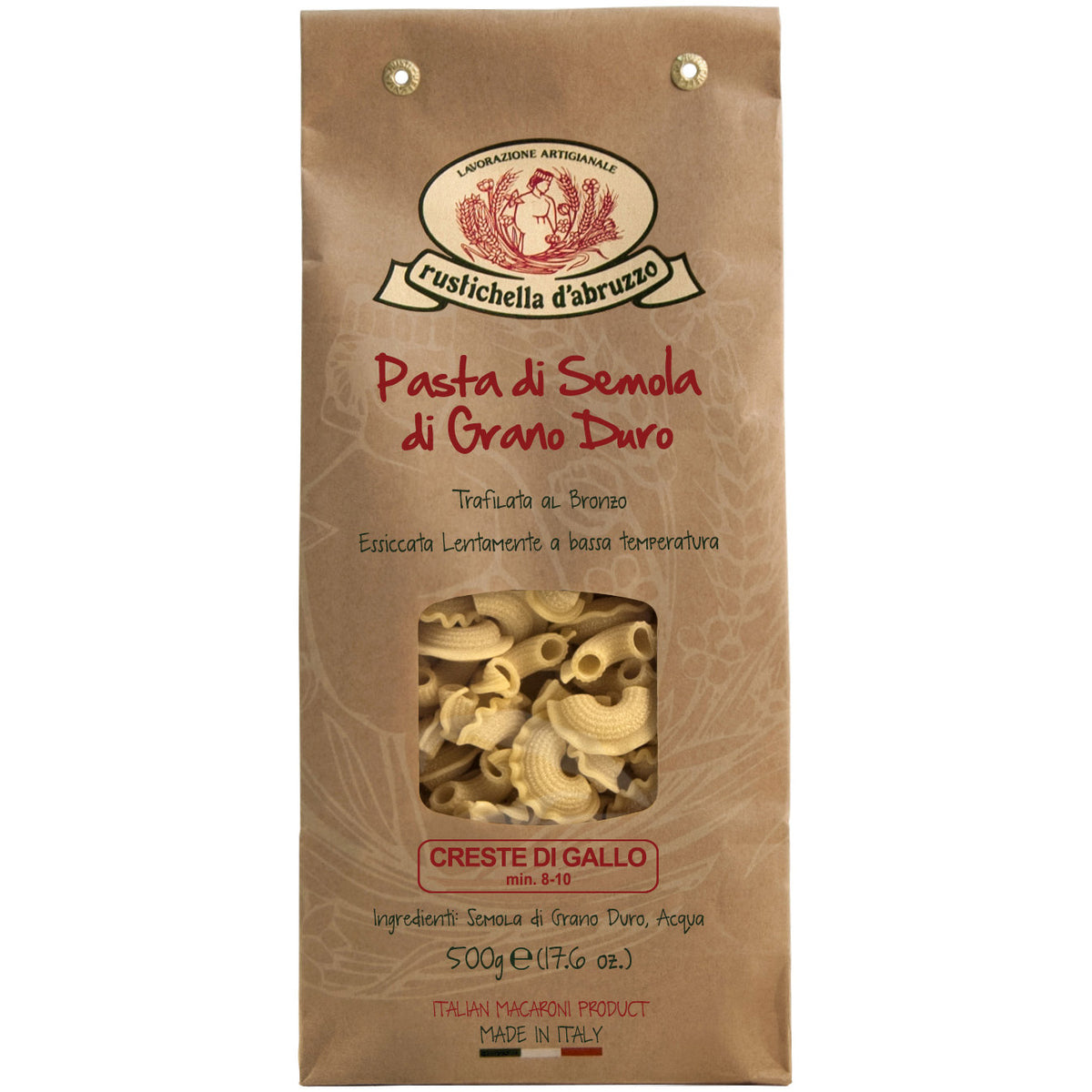 Braune Papiertüte mit Creste di Gallo Hartweizennudeln von Rustichella, 500 g, von Rustichella d'Abruzzo S.p.A., mit sichtbaren Nudelformen im Inneren.
