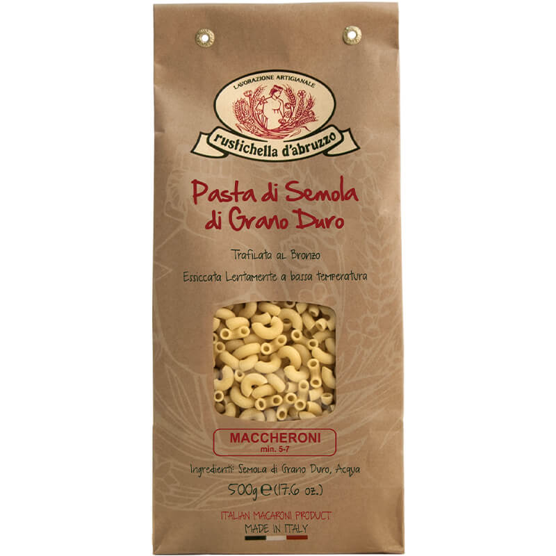 Braune Papiertüte Maccheroni Hartweizennudeln von Rustichella (500 g) von Rustichella d'Abruzzo S.p.A. mit einem Sichtfenster, das den Inhalt der Nudeln zeigt.