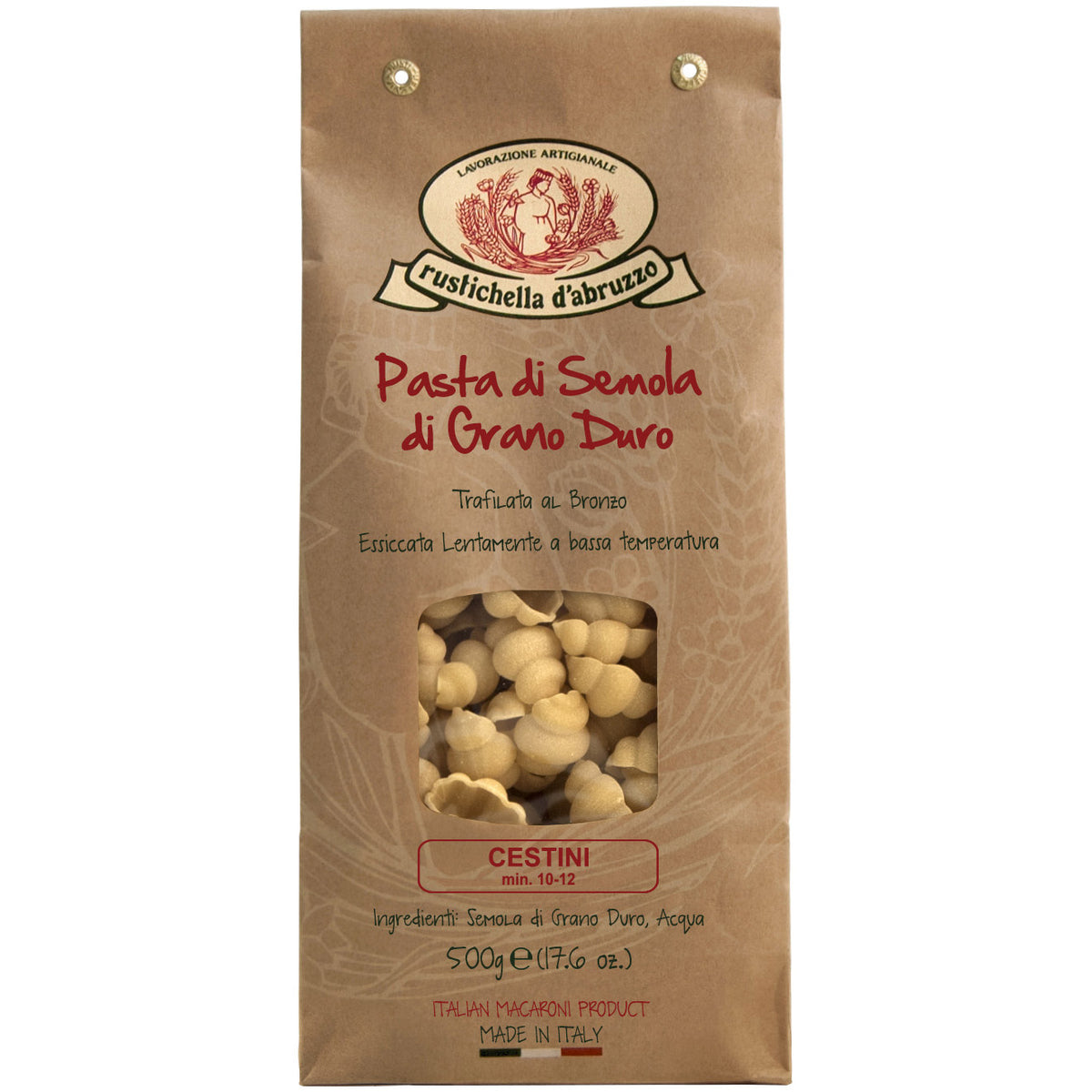 Eine braune Tüte mit Cestini Hartweizennudeln von Rustichella, 500 g, von Rustichella d'Abruzzo S.p.A., bei der die Nudeln durch ein durchsichtiges Fenster sichtbar sind.