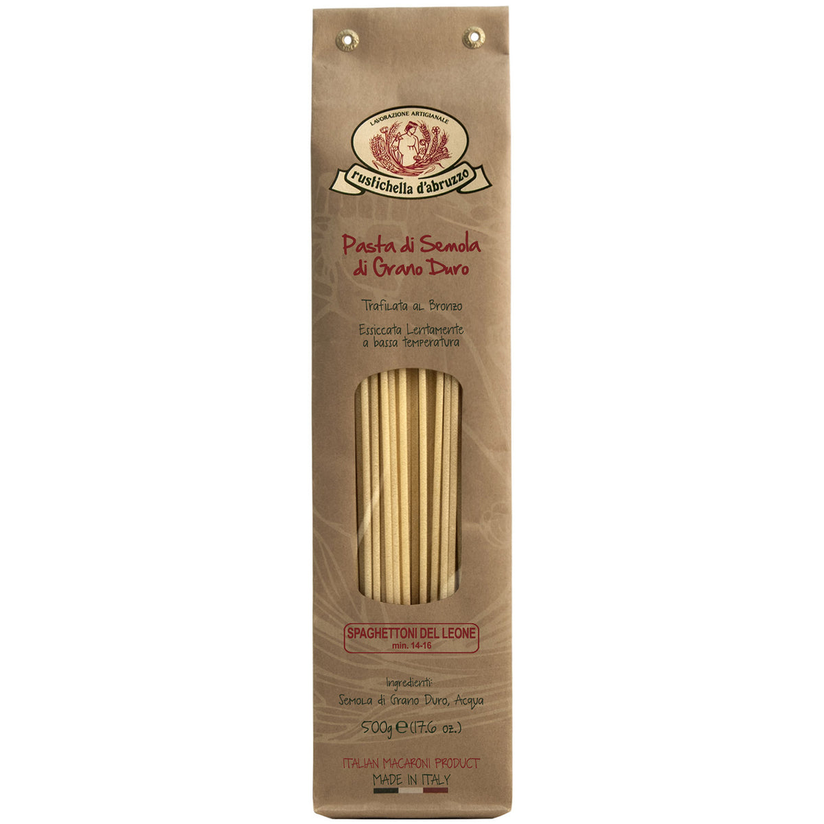 Braune Papiertüte mit Spaghettoni del Leone Hartweizennudeln von Rustichella, 500 g von Rustichella d'Abruzzo S.p.A., mit Nudeln, die durch ein durchsichtiges Fenster sichtbar sind.