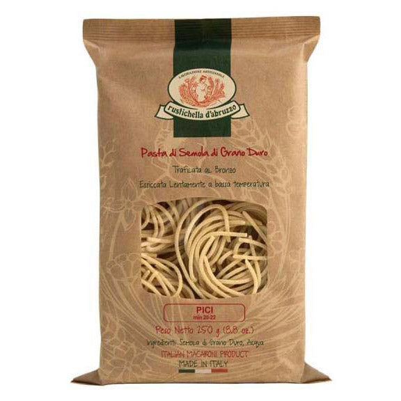 Eine braune Packung Rustichella d'Abruzzo S.p.A. Pici Hartweizennudeln, 250 g, mit einem Fenster, das den Blick auf die dicken, runden Nudeln im Inneren freigibt.