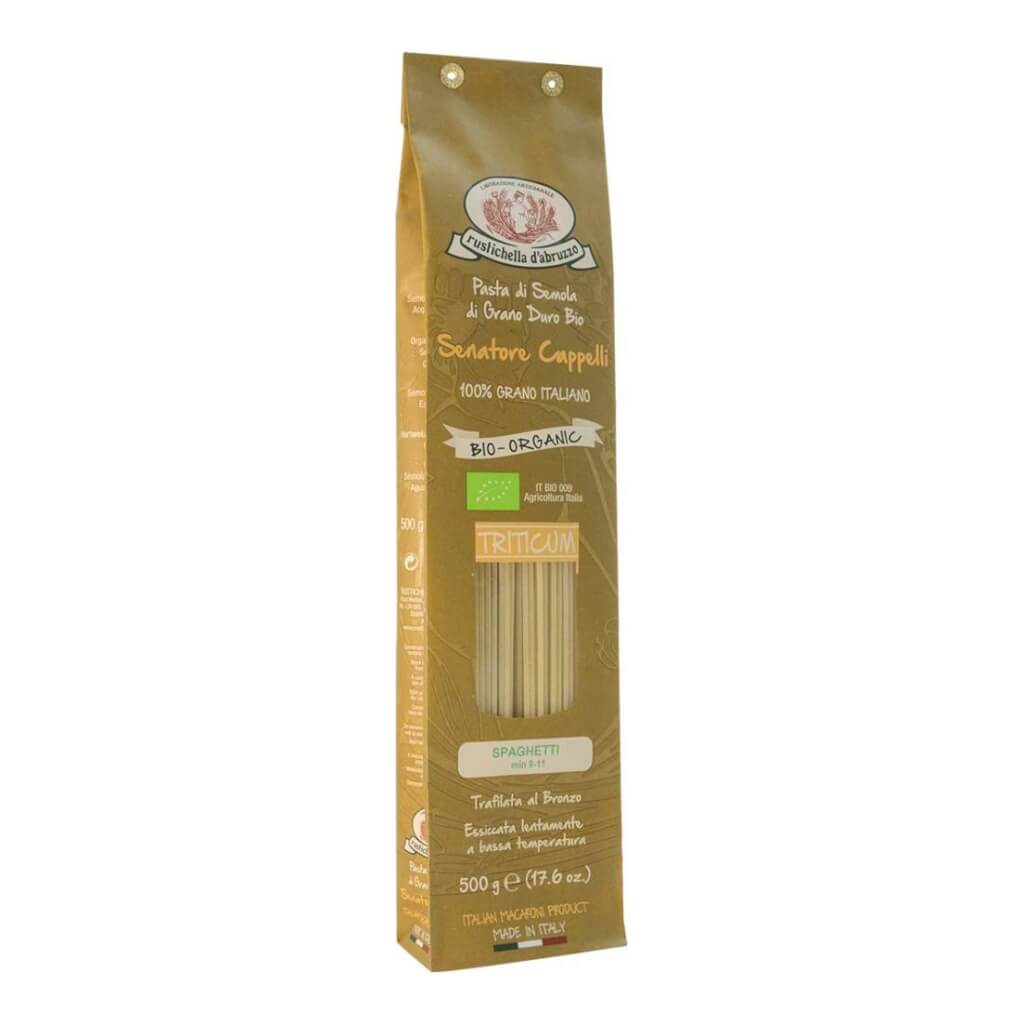 Braune Verpackung von Rustichella d'Abruzzo S.p.A. Bio Spaghetti Cappelli Hartweizennudeln Triticum, 500 g, mit einem Sichtfenster, auf dem die Pasta zu sehen ist.