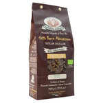 Eine braune Tüte Rustichella d'Abruzzo S.p.A. Bio Pizzichi Dicoccum aus Dinkelmehl Vollkornnudeln Triticum, 500 g, mit einem Sichtfenster, das die Vollkornnudeln im Inneren zeigt.