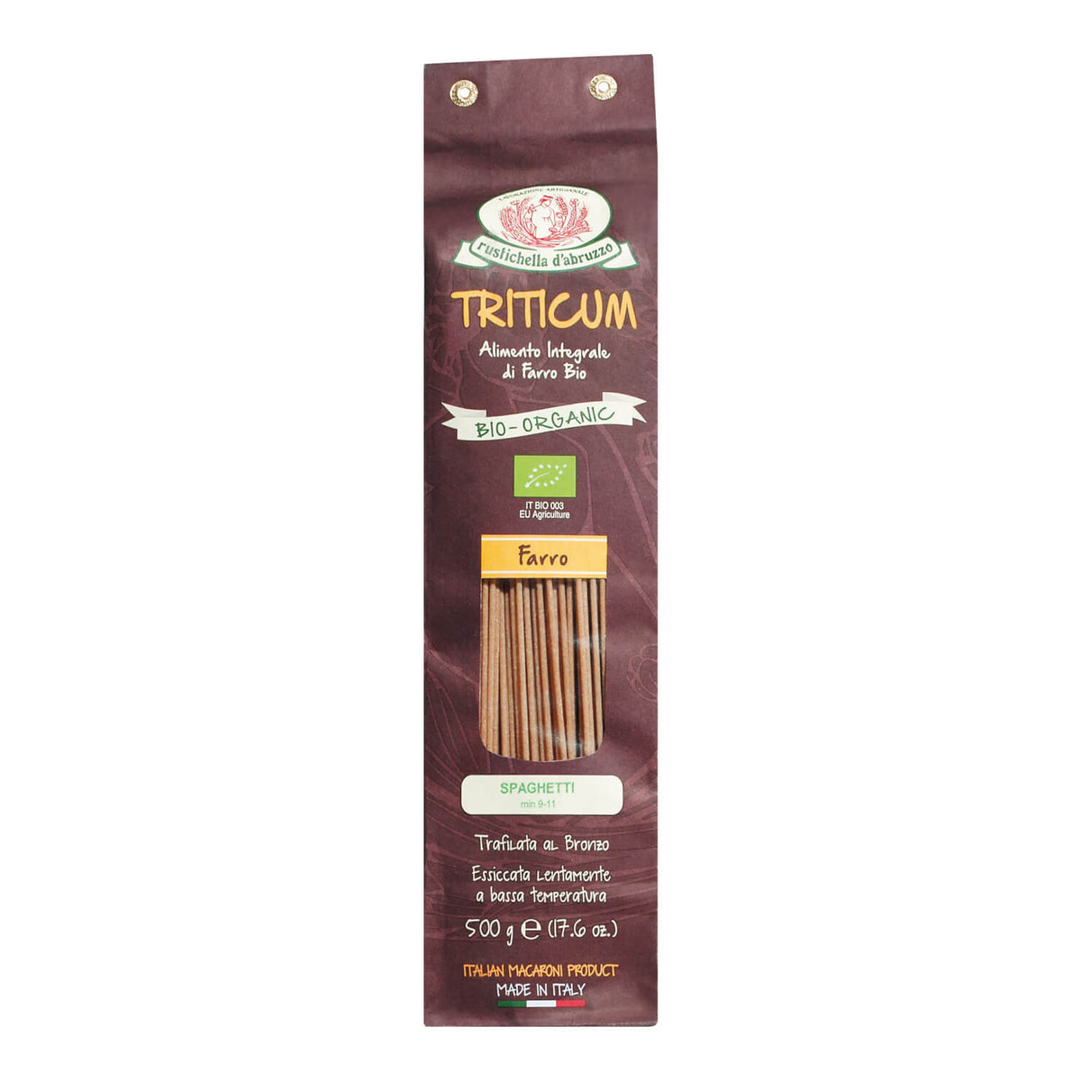 Eine braune 500g Packung Rustichella d'Abruzzo Bio Spaghetti Dicoccum aus Dinkelmehl Vollkornnudeln, hergestellt in Italien.