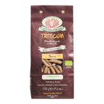 Eine braune Tüte Rustichella d'Abruzzo S.p.A. Bio Penne Rigate Dicoccum aus Dinkelmehl Vollkornnudeln Triticum, 500g, mit einem Sichtfenster.