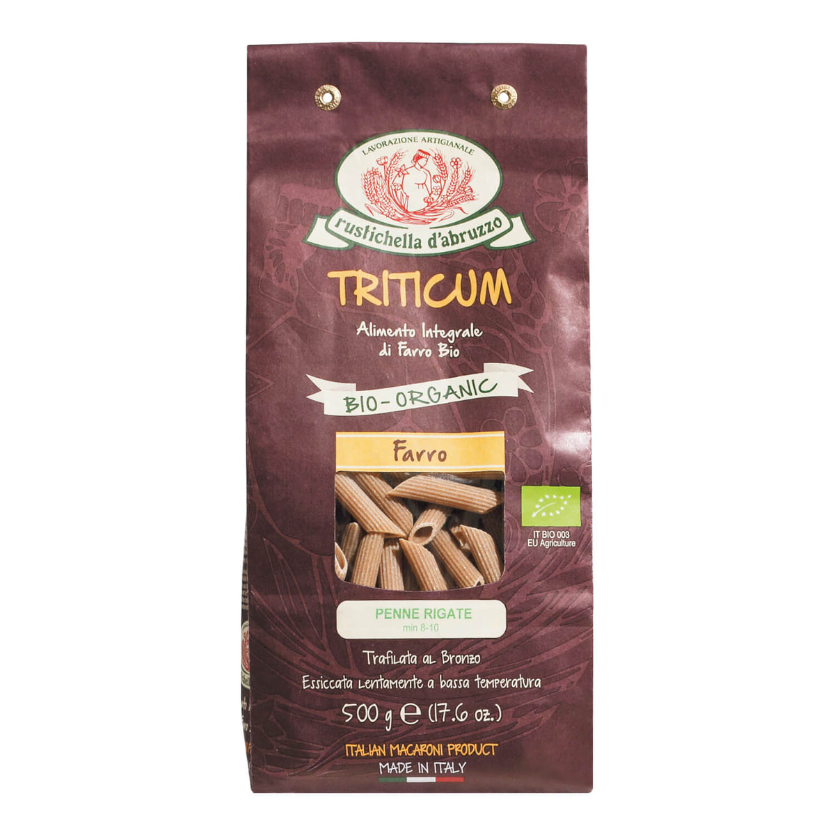 Eine braune Tüte Rustichella d'Abruzzo S.p.A. Bio Penne Rigate Dicoccum aus Dinkelmehl Vollkornnudeln Triticum, 500g, mit einem Sichtfenster.