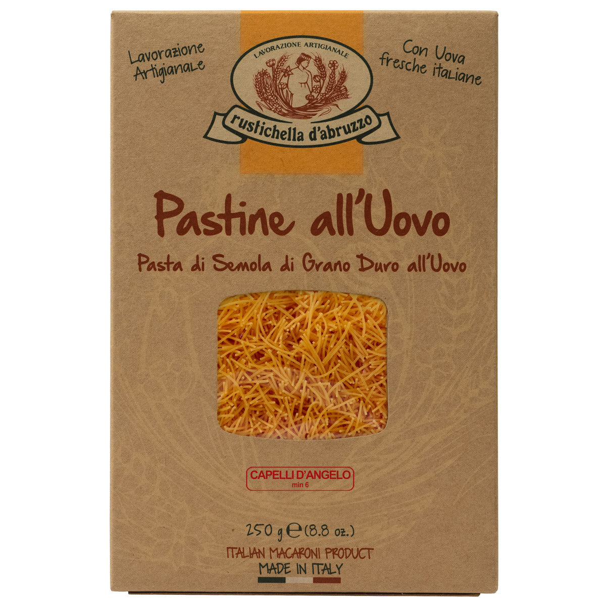 Schachtel Rustichella d'Abruzzo S.p.A. Capelli D'Angelo all uovo Eiernudeln, 250 g, mit durch ein Fenster sichtbarer Pasta.