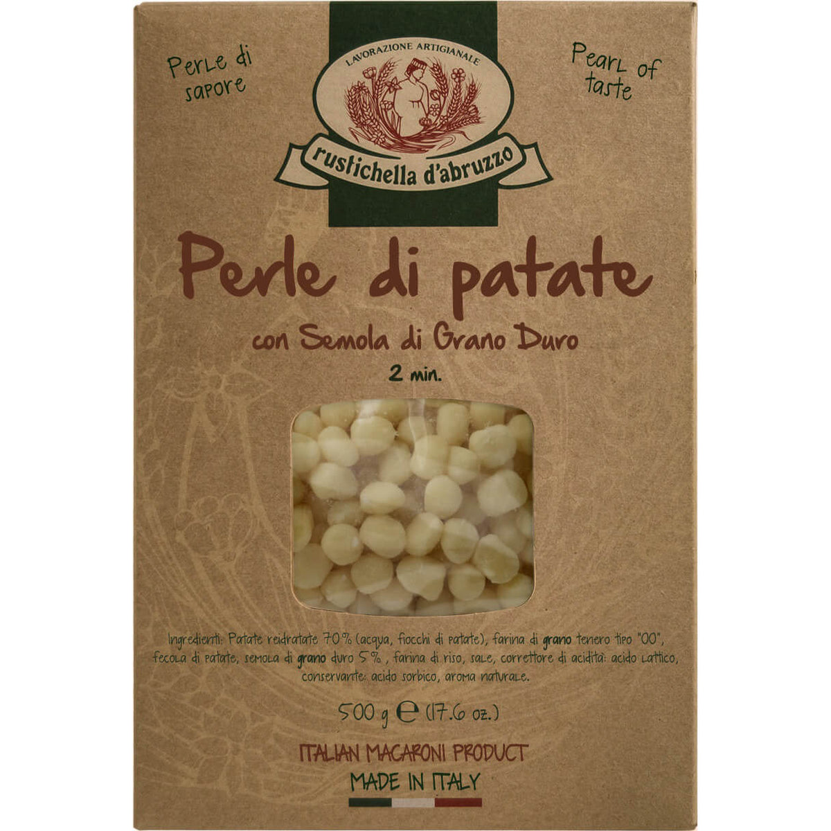 Eine 500-g-Schachtel Rustichella d'Abruzzo S.p.A. Perle di Patate kleine Gnocchi, die durch ein Klarsichtfenster auf der Vorderseite sichtbar ist.