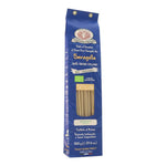 Blaue Packung Rustichella d'Abruzzo Bio Spaghetti Saragolla Hartweizennudeln Triticum, 500 g, mit einem Sichtfenster, auf dem die Nudeln zu sehen sind.