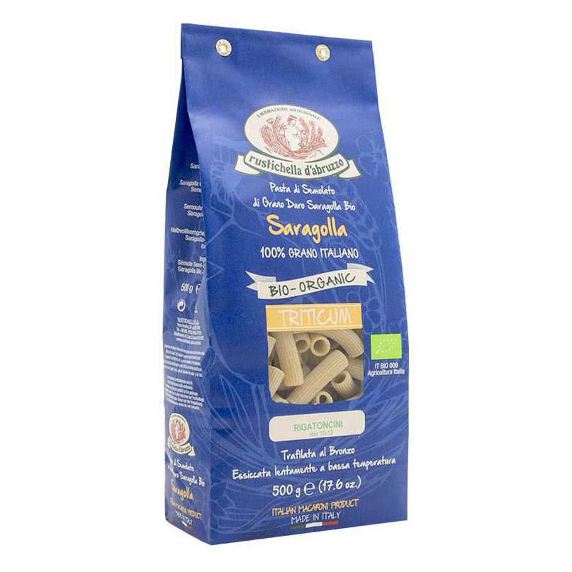 Blaue Tüte Bio Rigatoncini Saragolla Hartweizennudeln Triticum von Rustichella, 500 g von Rustichella d'Abruzzo S.p.A., mit transparentem Sichtfenster, in dem die italienische Bio-Pasta zu sehen ist.