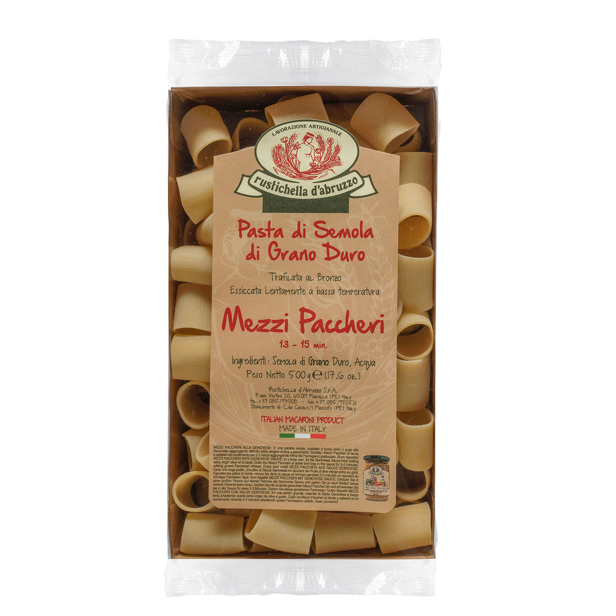 Eine durchsichtige Packung Rustichella d'Abruzzo S.p.A. Mezzi Paccheri Hartweizennudeln, 500 g, mit einem braunen Etikett mit italienischem Text.