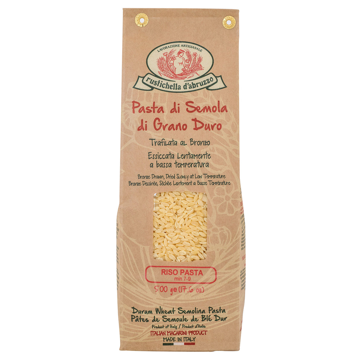 Ein 500g Beutel Rustichella d'Abruzzo S.p.A. Riso Pasta Hartweizennudeln, hergestellt aus Hartweizengrieß in Italien.