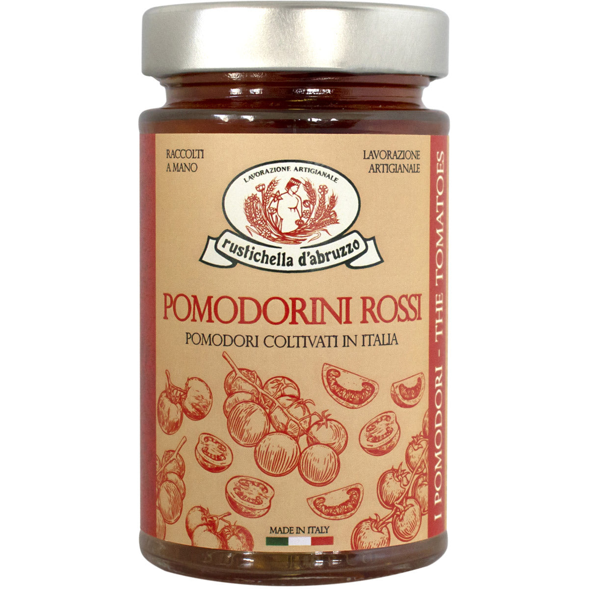 Ein 550-g-Glas Rustichella d'Abruzzo S.p.A. Pomodori Rossi Ciliegino in Acqua - rote Kirschtomaten in Wasser - mit abgebildeten Tomaten auf dem Etikett.