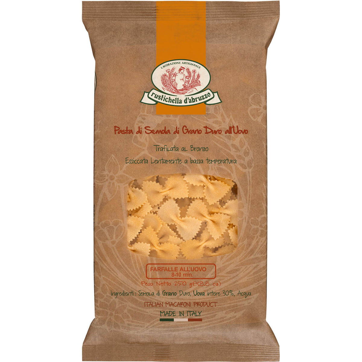 Ein 250g-Beutel Rustichella d'Abruzzo S.p.A. Farfalle Rigate all uovo Eiernudeln in einer braunen Verpackung mit Sichtfenster.