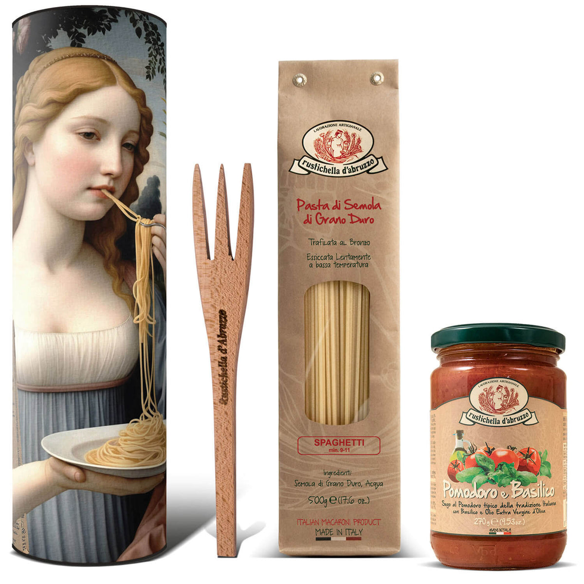 Eine Frau genießt Spaghetti mit dem Pasta-Set Botticelli von Rustichella d'Abruzzo, das 500 g Pasta und 270 g Sugo Pomodoro e Basilico in einer speziellen Dose, ungekochte Spaghetti, eine Holzgabel und Tomaten-Basilikum-Soße zum Weltnudeltag enthält.