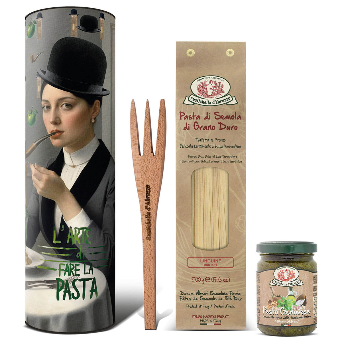 Rustichella d'Abruzzo Pasta Set Magritte: Linguine und Pesto Genovese (500 g + 130 g) in einer dekorativen Dose - perfekt zum Weltnudeltag.